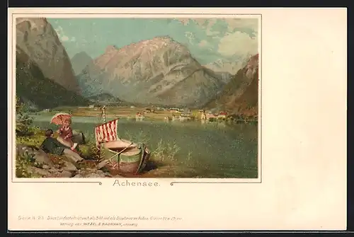 Lithographie Pertisau / Achensee, Bootspartie mit Bergpanorama