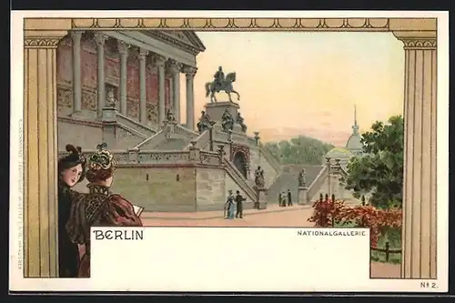 Lithographie Berlin, Nationalgalerie mit Friedrich-Wilhelm-Denkmal