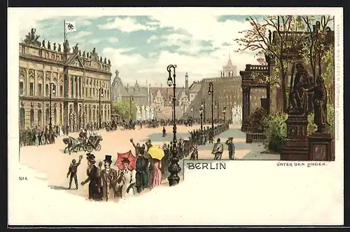 Lithographie Berlin, Unter den Linden, Bibliothek, Kronprinzenpalais und Schlossbrücke