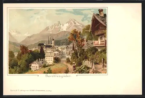 Lithographie Berchtesgaden, Blick in den Ort