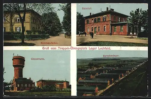AK Lager Lechfeld, Bahnhof, Kommandantur, Wasserturm, Barackenlager