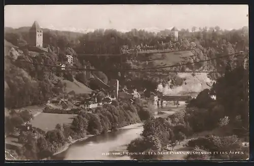 AK Fribourg, Les Deux Ponts suspendus et les Alpes