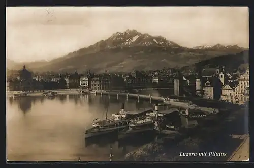 AK Luzern, Panorama mit Pilatus und Dampfer