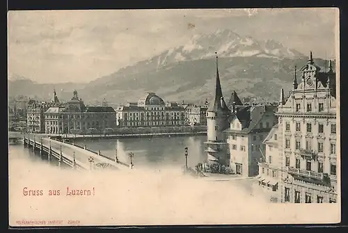 AK Luzern, Panorama mit Brücke