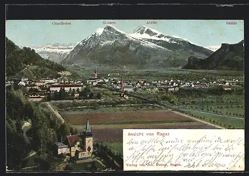 AK Ragaz, Ortsansicht mit Churfirsten, Gonzen, Alvier und Säntis