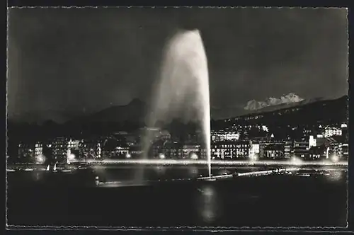 AK Genève, Le jet d`eau illuminée et le Mont-Blanc