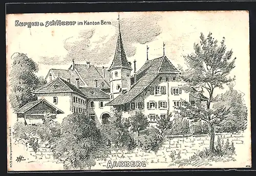Künstler-AK Aarberg, an der Mauer vor dem Schloss im Kanton Bern