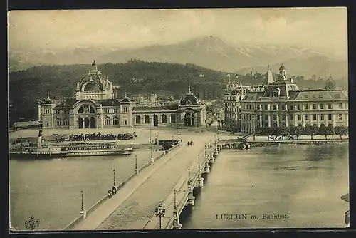 AK Luzern, Dampfer und Bahnhof an der Brücke