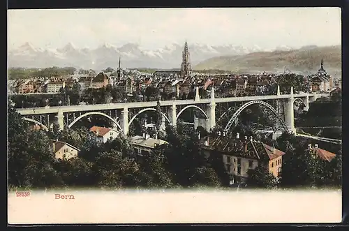 AK Bern, Ortsansicht mit Eisenbahnbrücke und Kirche