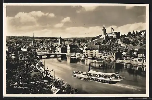 AK Schaffhausen, Ortsansicht mit Dampfer in voller Fahrt