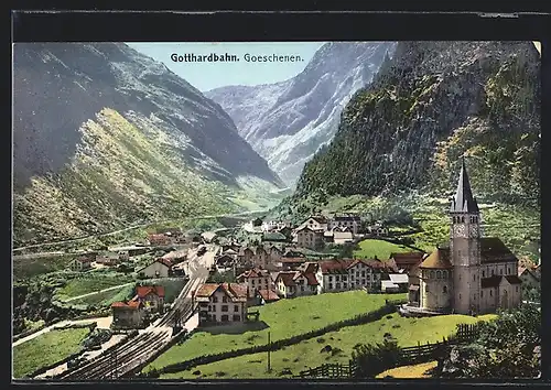AK Goeschenen, Ortsansicht mit Kirche und Station der Gotthardbahn