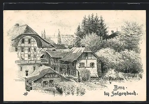 Künstler-AK Bern, im Sulgenbach, Ortspartie mit Bäumen