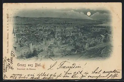 Mondschein-AK Biel, Ortsansicht bei Vollmond