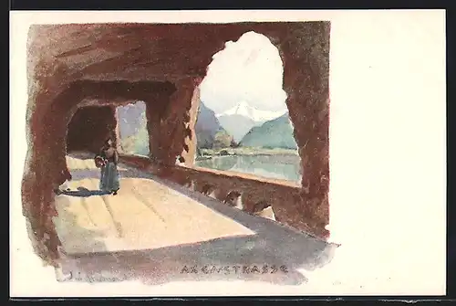 Künstler-AK Axenstrasse, Durchblick auf die Berge