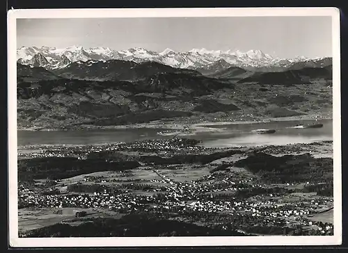 AK Hinwil, Blick vom Kurhaus Hasenstrick am Bachtel gegen Rüti, Urner- und Berneralpen