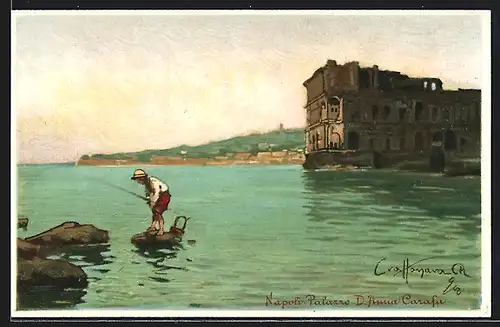 Künstler-Lithographie Napoli, Palazzo D. Anna Carafa, Angler