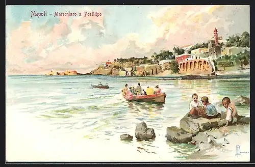 Künstler-Lithographie Napoli, Marechiaro a Posillipo mit Kindern