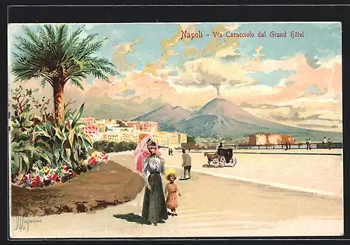 Lithographie Neapel, Via Caracciolo dal Grand Hôtel