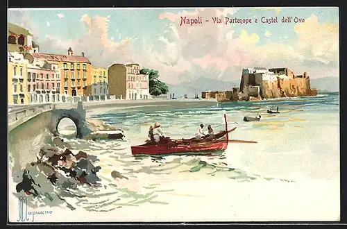 Künstler-Lithographie Napoli, Via Partenope e Castel dell`Ovo