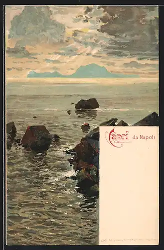 Lithographie Capri, Blick von Napoli auf die Insel