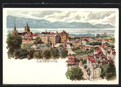 AK Lausanne, Ortsansicht mit Häuser, Kirche, Gebirge und See