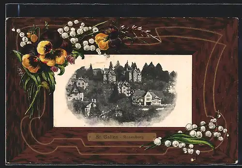 AK St. Gallen-Rosenberg, Ortsansicht mit Maiglöckchen und Veilchen