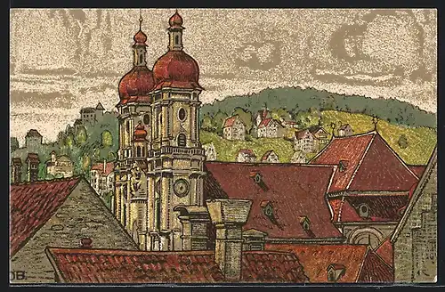 Künstler-AK St. Gallen, Doppeltürme der Stiftskirche