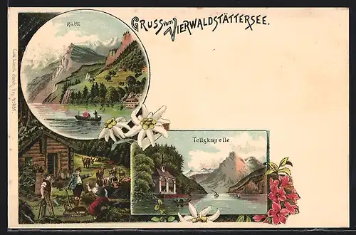 Lithographie Sisikon, Tellskapelle am Vierwaldstättersee und Blick zum Rütli
