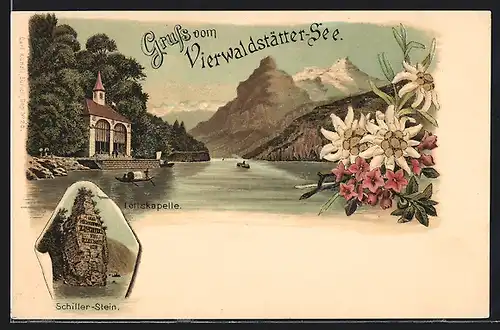 Lithographie Tellskapelle am Vierwaldstätter-See, Schiller-Stein