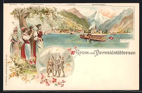 Lithographie Fluelen, Vierwaldstättersee mit Dampfer, Rütlischwur