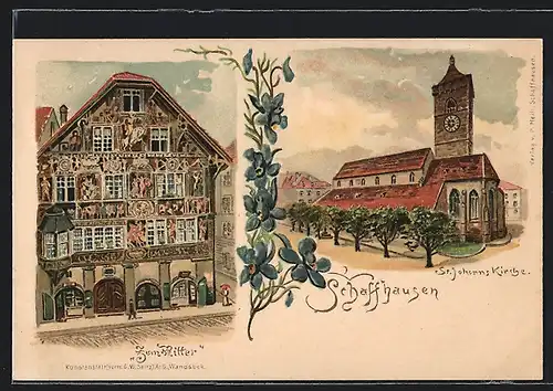 Lithographie Schaffhausen, Gasthaus zum Ritter, St. Johanns Kirche