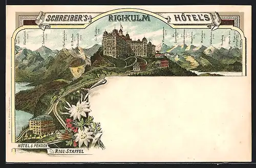 Lithographie Rigi-Kulm, Schreiber`s Hotel, Hotel Rigi Staffel