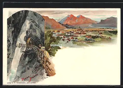 Künstler-AK Ragatz, Panorama vom Ort und Ansichzt von der Tamina-Schlucht