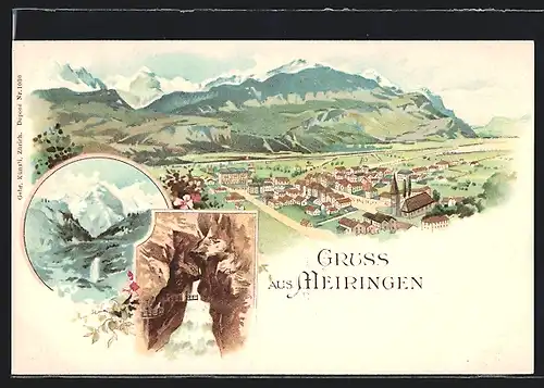 Lithographie Meiringen, Ortsansicht mit Reichenbachfall und Bergmassiv