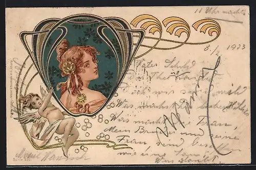 Lithographie Frauenportrait und Engel, Jugendstil-Ornamentik