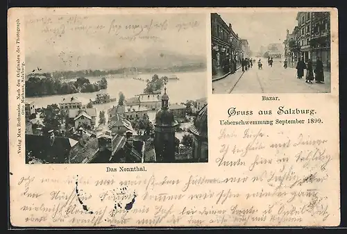 AK Salzburg, Hochwasser September 1899, Bazar, Nonnthal