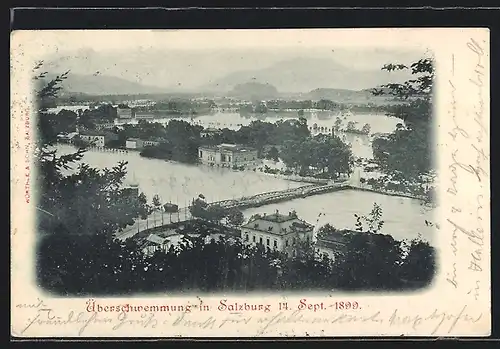 AK Salzburg, Hochwasser vom September 1899, überflutete Partie am Fluss