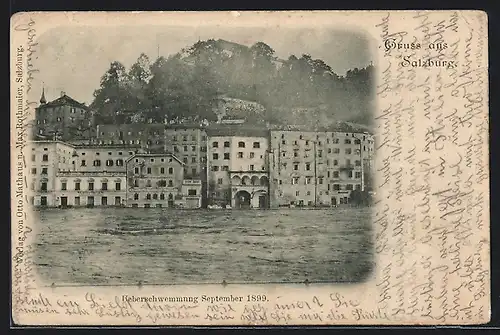 AK Salzburg, Hochwasser September 1899, Häuser an der Salzach