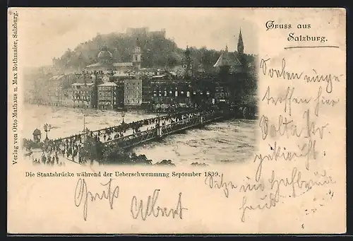 AK Salzburg, Hochwasser September 1899, Panorama mit überschwemmter Staatsbrücke