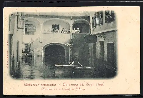 AK Salzburg, Gasthaus zum schwarzen Mann beim Hochwasser am 14.9.1899