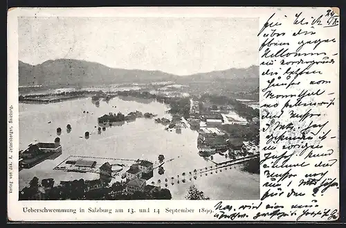 AK Salzburg, Hochwasser September 1899, Ansicht aus der Vogelschau