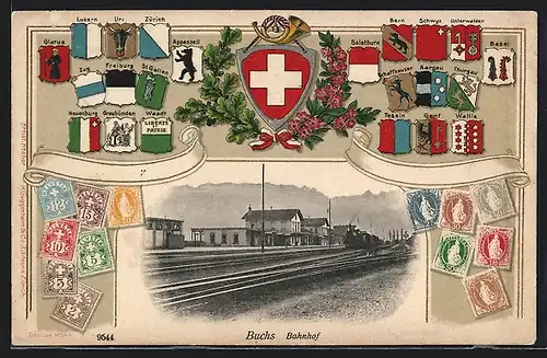 Lithographie Buchs, Bahnhof von der Gleisseite