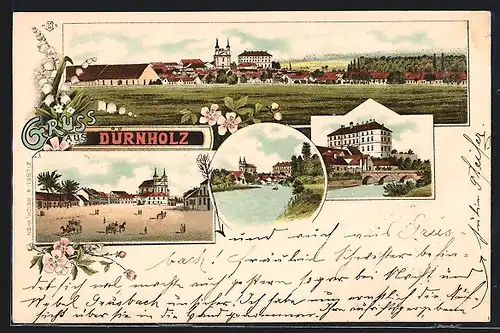 Lithographie Dürnholz, Ortsansicht, Ortspartie, Flusspartien