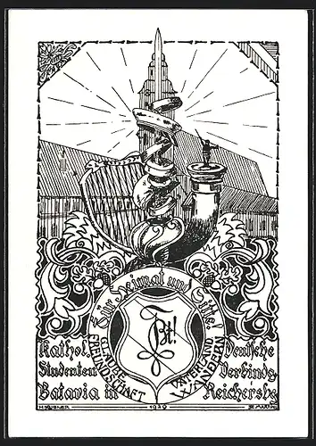 Künstler-AK Reichersberg, Kathol. Deutsche Studentenverbindung Batavia, Studentenwappen