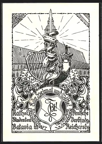 Künstler-AK Reichersberg, Kathol. Deutsche Studentenverbindung Batavia, Studentenwappen