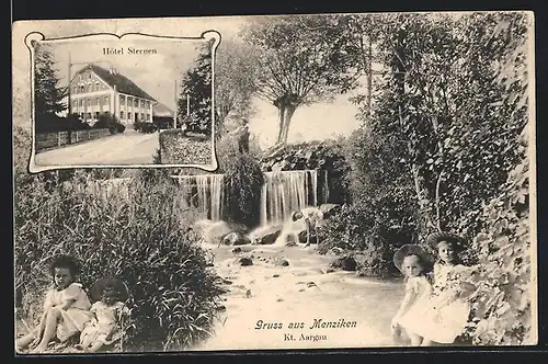 AK Menziken, Hotel Sternen mit Strasse, Wasserfall mit Mädchen und Angler