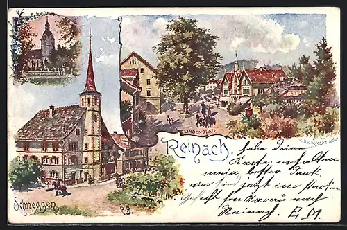 Künstler-AK Reinach, Schneggen, Kirche, Lindenplatz