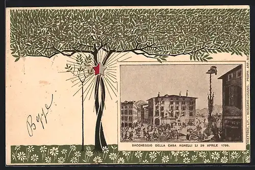 Passepartout-Lithographie Lugano, Saccheggio della Casa Agnelli li 29 Aprile 1799, Gentenario dell Indipendenza 1898