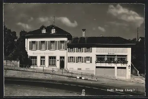 AK Stilli-Brugg, Gasthaus zur Aarebrücke / Fischerstube H. Büschi mit Strasse