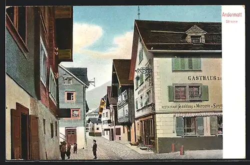 AK Andermatt, Strasse mit Gasthaus / Handlung und Kindergruppe